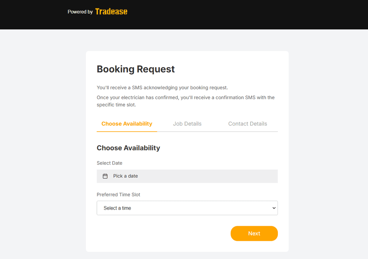 Screenshot showing booking request availability in Tradease